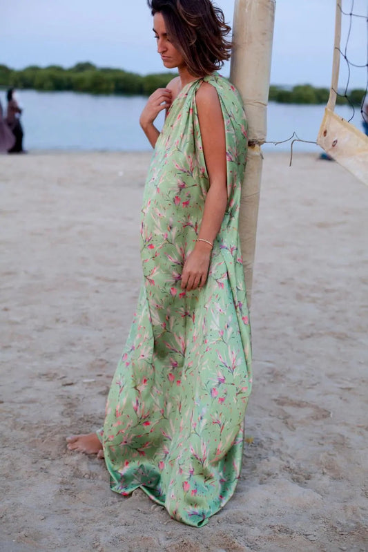 NURIA | Vestido Fiesta Estampado Verde Gold - Malota